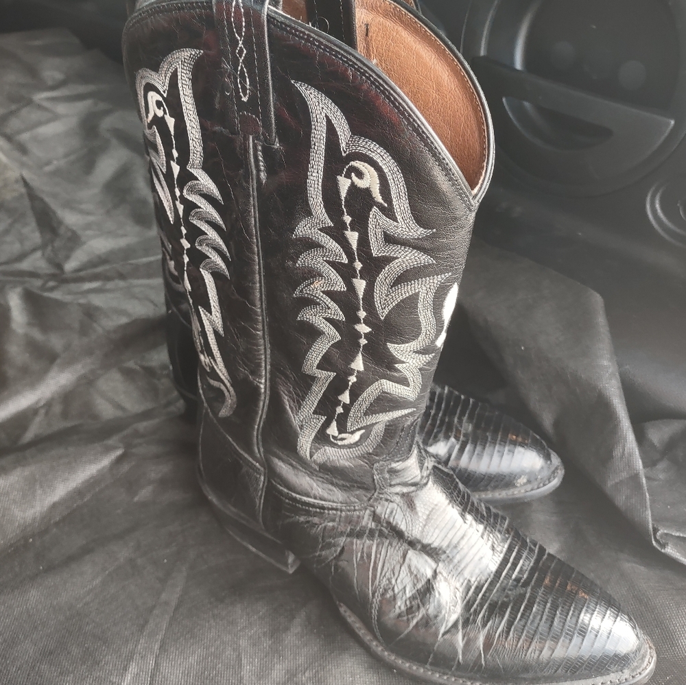 Tony Lama Black Lizard & Leather Cowboy Boots Size 12 EE
